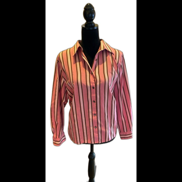 Fox Croft Womens Blouse Size 14 Pink Brown Striped Button Down Top Collared - Picture 1 of 12